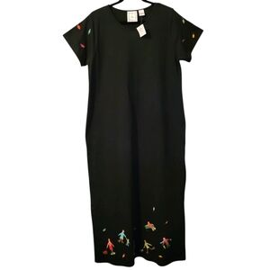 Michael Simon "Lite" Long Black Hand Embroidered Cotton Tshirt Maxi Dress XL